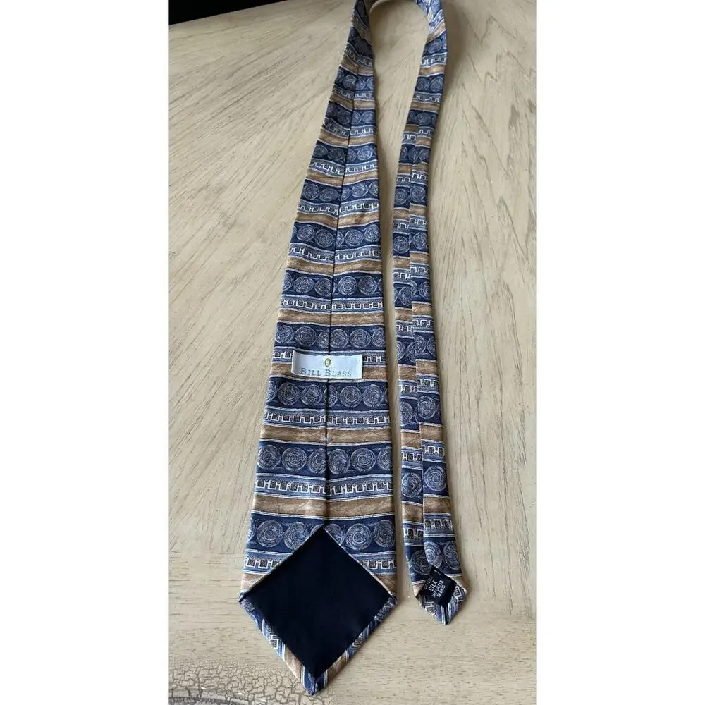 VTG 80s 90s Bill Blass Silk Tie Ivy League Blue Tan Classic Geometric Pattern